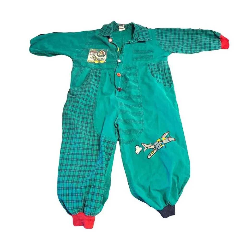 Vintage Broadway Kids Airplane Patch Plaid One Piece Romper Green Made in USA